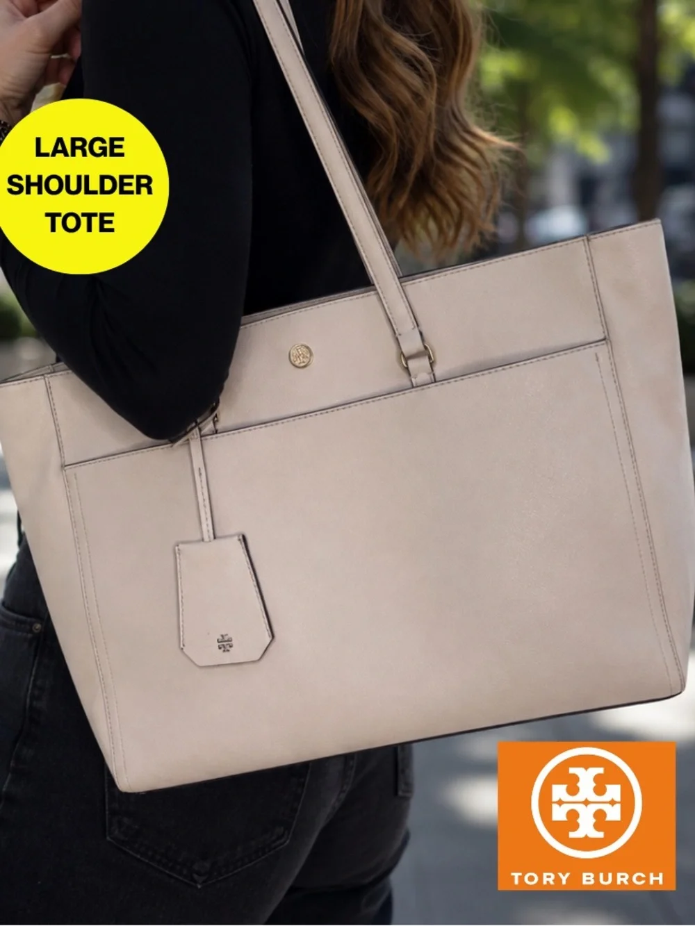 TORY BURCH 🤍 Pale Blush Pink Leather Large Shoulder Tote, Navy, Gold - 10x15”